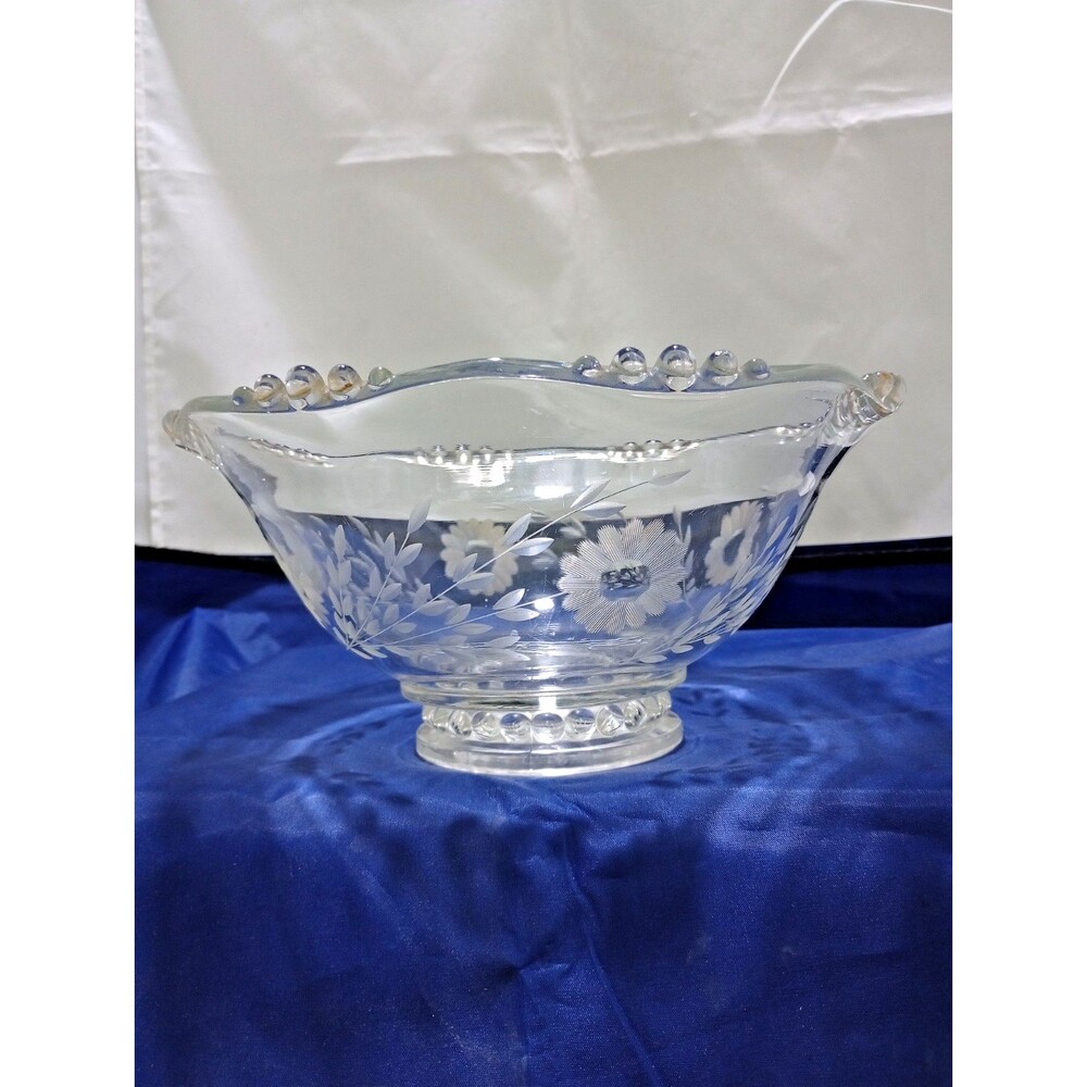 W.J. Hughes Cornflower Etched Glass Bowl Imperial Glass Candlewick Pattern VTG